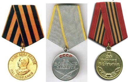 Медаль «За боевые заслуги», Медаль «За взятие Берлина», Медаль «За победу над Германией в Великой Отечественной войне 1941–1945 гг.» и Орден Отечественной войны...