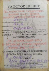 "Медаль за доблестный труд в Великой Отечественной Войне 1941 - 1945 гг."  от 6 июня 1945 года