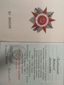 ОРДЕН ОТЕЧЕСТВЕННОЙ ВОЙНЫ II СТЕПЕНИ №1234689 от 11.03.1985 г.