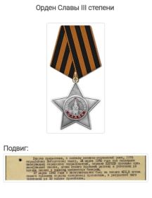 Орден Славы III  степени, Орден Красной звезды, Орден Отечественной войны II степени, медаль за оборону Ленинграда, медаль за Победу над Германией