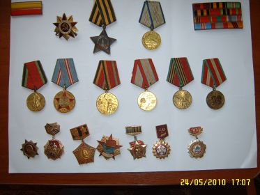 Медаль за победу над Германией, медаль за оборону Кавказа, орден Славы 3-й степени, орден отечественной войны, медаль отличный пулемётчик.