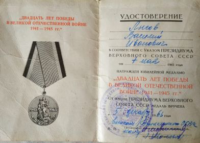Был награжден юбилейной медалью "20 лет Победы в ВОВ 1941-1945 гг."