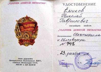 Знак «Ударник 9  пятилетки»