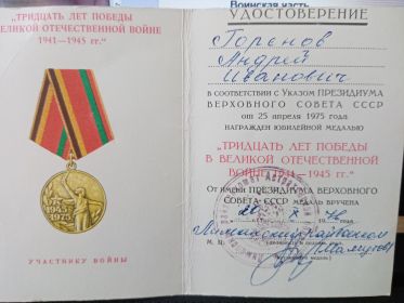 Юбилейная медаль  «30 лет Победы в в Великой Отечественной войне 1941-1945гг»