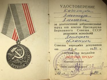 Медаль «ВЕТЕРАН ТРУДА»